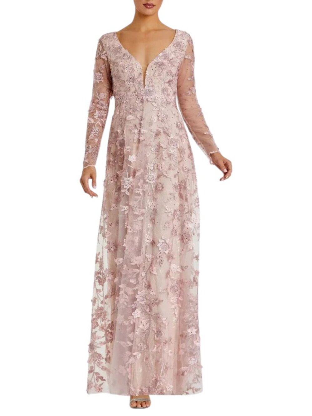 Mac Duggal Pink Maxi Gown Floral Applique V-Neck Long Sleeve 70224 Size 12
